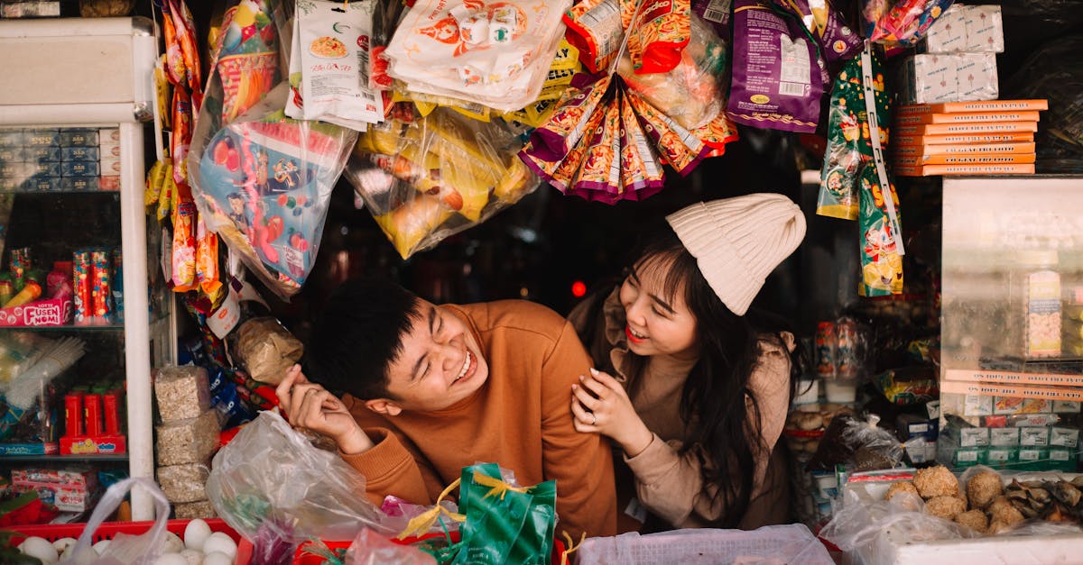 Cheerful Couple at Vibrant Market Stall